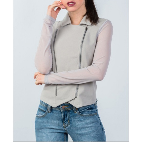 Double Zip Front Womens Moto Mesh Long Sleeve Asymmetrical Hem Outerwear Jacket - Picture 4 of 5